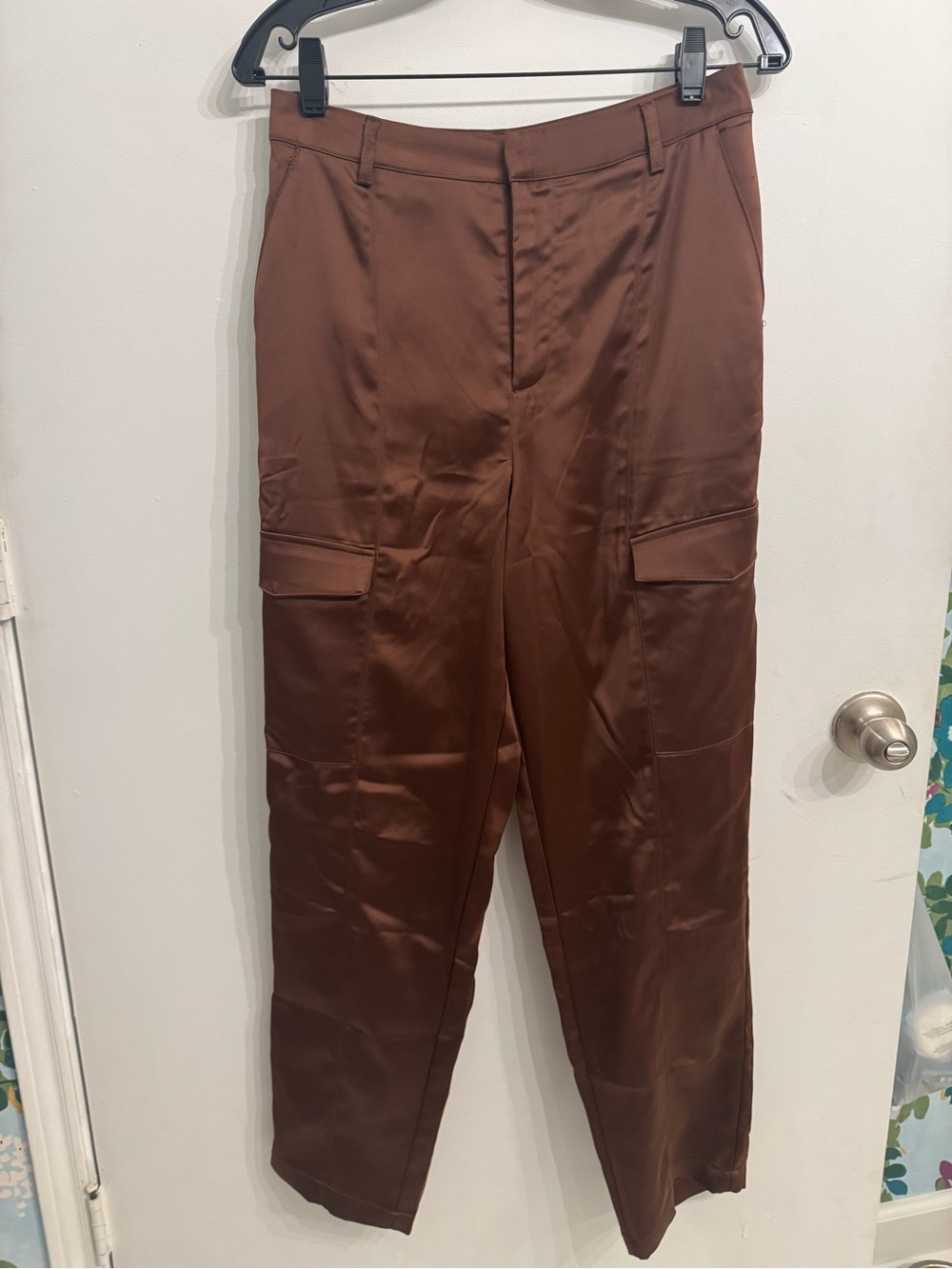 Women’s Satin Brown Cargo Dress Pants